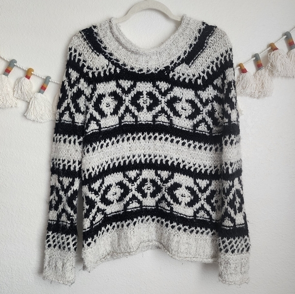 Free People Wool Blend Open Knit Aztec Boho Print Crewneck Pullover XS White - Picture 1 of 11